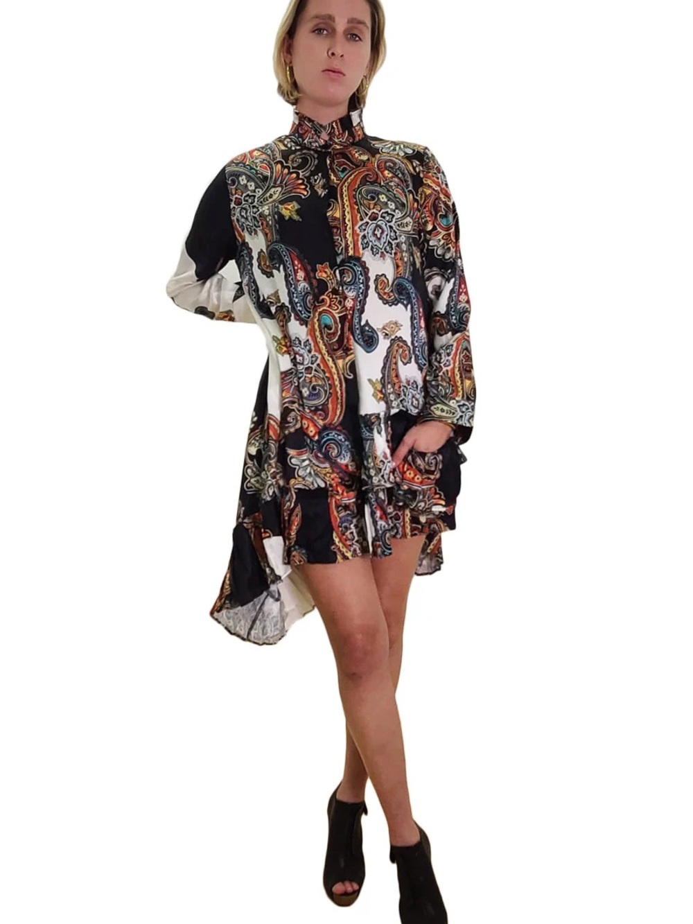 Paisley-Print High-Low Shirt Dress in Black & Multi